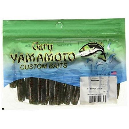 Yamamoto 1820208 Single Tail Grub 5, 20Pk, Watermelon With Large Black  Small Red, 20PK YAM-18-20-208